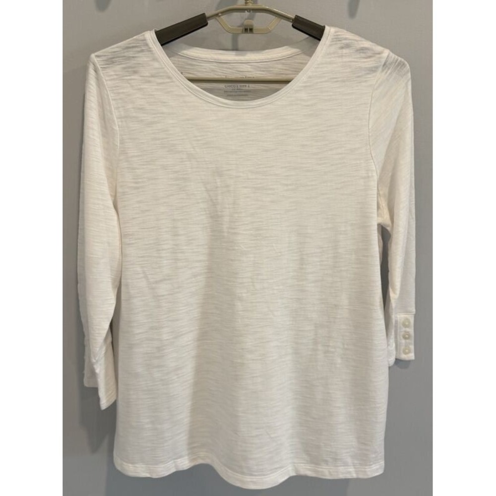Chicos Cotton Slub 3/4 Sleeve Button Tee White Alabaster Size 2 12 14